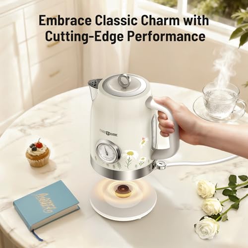 Image of PARIS RHONE Retro Stainless Steel Electric Kettle, 1.7L Cordless Hot Water Tea Kettle with Thermometer, 1500W Fast Heating, LED Indicator, Auto Shut-Off & Boil Dry Protection