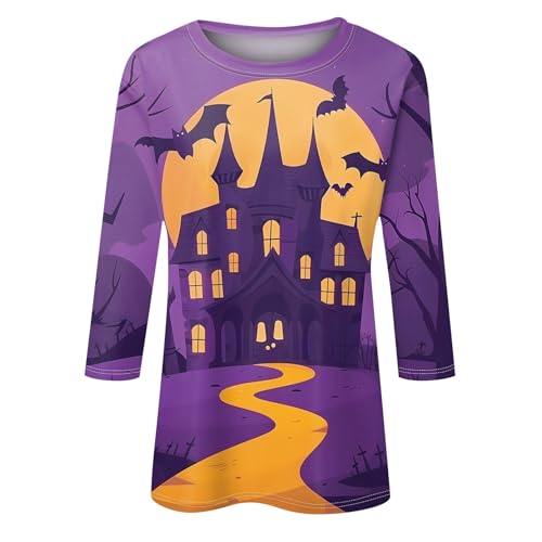 Halloween Shirts for Women 3/4 Sleeve Plus Size Crewneck Loose Fit Cute T Shirt Halloween Costumes for Women 2025