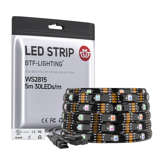 BTF-LIGHTING WS2815 (Upgraded WS2812B) LED Strip Light,UL Listed,16.4FT 150 LED/Pixels,Flexible Chasing RGB,Dual Signal Individually Addressable,5050SMD,3M Tape,DC12V IP65(No Adapter or Controller)