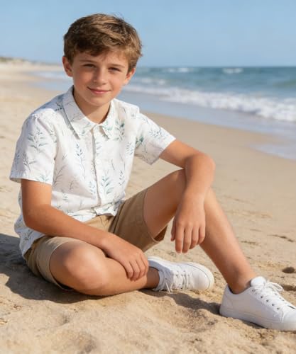 Image of uideazone Boys Size 7-8 Watercolor Botanical Button Down Shirts - Kids Green Leaf Print Short Sleeve Casual Shirt Minimalist Floral Shirt Perfect for School,Family Gathering,Spring Outdoor Activities