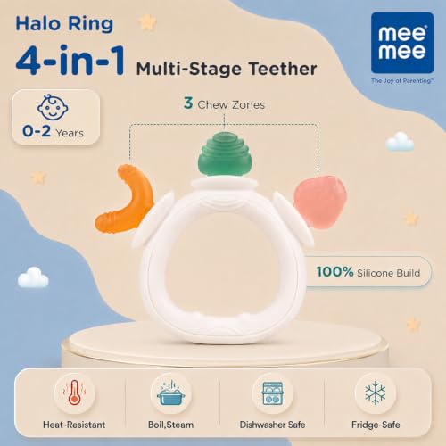 Image of Mee Mee Halo Ring Silicone Baby Teether, BPA Free, Food-Grade Silicone, BIS Certified, Rounded Edges, Freezer & Sterilizer Safe, 4+ Months (White)