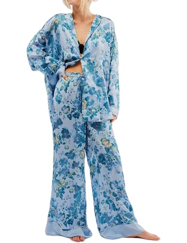 Yimoon Womens Satin Pajama Set Floral Silk Pajamas 2 Piece Cute Long Sleeve Button Down Pjs Sleepwear Lounge Set