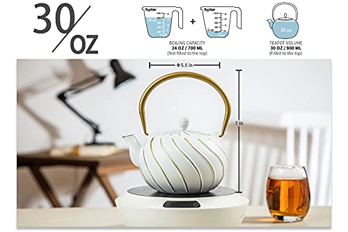 Tea Kettle, Toptier Japanese Cast Iron Teapot With Stainless Steel Infuser, Cast Iron Tea Kettle Stovetop Safe, Wave Design Tea Pot Coated With Enameled Interior For 30 Ounce (900 Ml), White #TOP3
