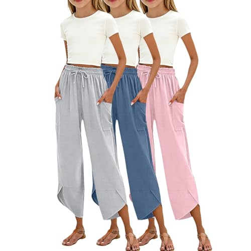Pantalon court en lin filles léger contre la chaleur, coupe ample à taille élastique