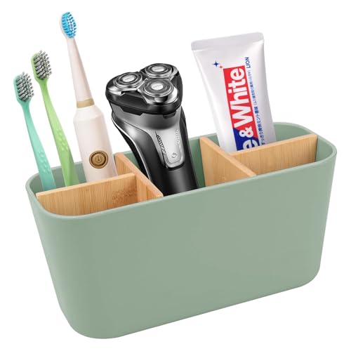 Porta Cepillo de Dientes Tabique de Bambú, Soporte Cepillo Electrico Fondo Antideslizante, Organizador Cepillos de Dientes para 4 Cepillos de Dientes y 2 Compartimentos (Verde)
