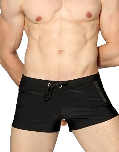 Malavita Mens Swimwear Short Swim Trunks with Zipper Pockets (US S_Asia Tag M,Waist:27.5"-31.5" (70-80cm), 01Black)
