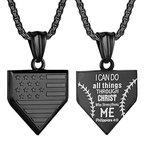 Baseball Home Plate Necklace for Men USA Flag Shield Pendant Stainless Steel Chain 22+2 inch Inspirational Patriotic Jewelry Personalized Baseball Gift for Boys