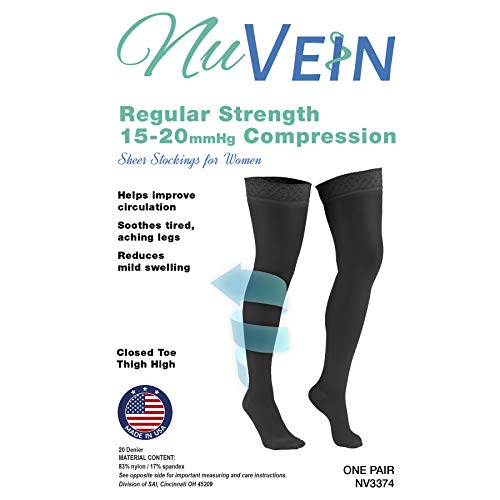 NuVein Sheer Compression Stockings for Women, 15-20 mmHg Support, Medium Denier, Thigh High, Closed Toe, Black, Medium2