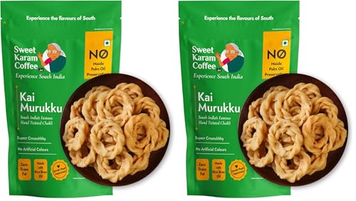 Image of Sweet Karam Coffee Kai Murukku - 150grams | No Palm Oil & Preservatives | Authentic South Indian Hand-Twisted Chakli | Crunchy & Delicious Namkeen | Tea Time Snack | Festive Special (Pack of 2)