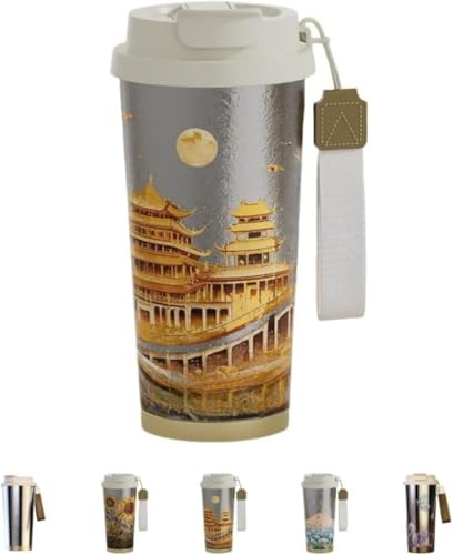 Vilom 純チタン製コーヒー水筒 520ml|ストロー付き直飲み対応・真空断熱で保温保冷◎ 洗いやすい蓋付きタンブラー・漏れ防止&ひも付きで持ち運び便利 (スタータワー)