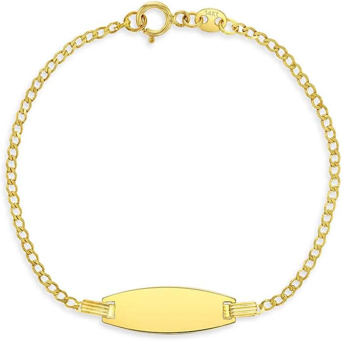 14k Yellow Gold Oval Engravable Tag Identification Bracelet With Curb Link For Little Girls and Boys 5.5" - Personalized Tag Id Bracelet For Toddler - Special First Birthday Presents For Children