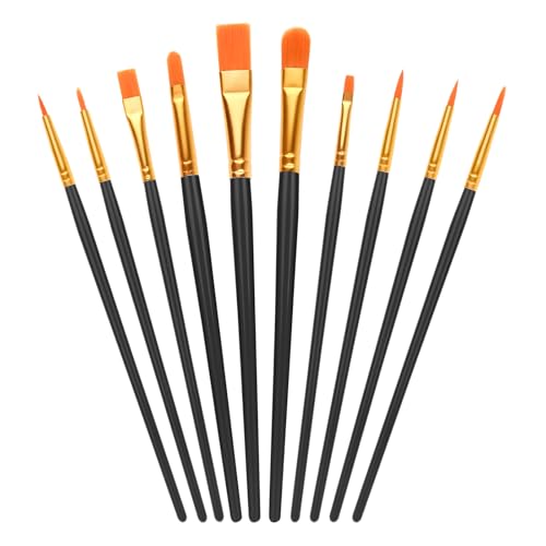 10-Piece Nylon Hair Paint Brush Set Art Flat Brushes for Face Nail Art Kids Painting with Watercolor Oil Acrylic Decorations Models Figurines - Black