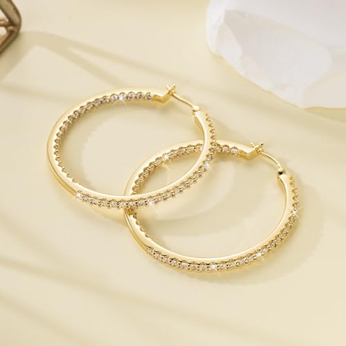 NICRET 14K Gold Hoop Earrings for Women Hoop Earrings Dual Diamond Hoops Earring Large Golden Hoops Earring 40 * 2mm4