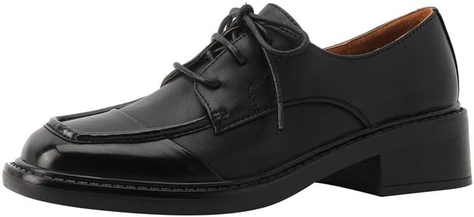 TinaCus Square Toe Genuine Leather Handmade Selftie Low Chunky Heels Women's Vintage Oxford Shoes