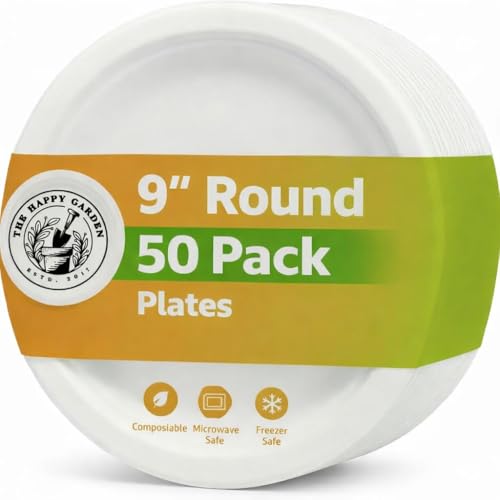 The Happy Garden Bagasse Plates 9 Inch Round (Pack of 50) - Heavy Duty Disposable Plate Eco Friendly Sugarcane Dishes Compostable Party Plates Microwave & Freezer Safe