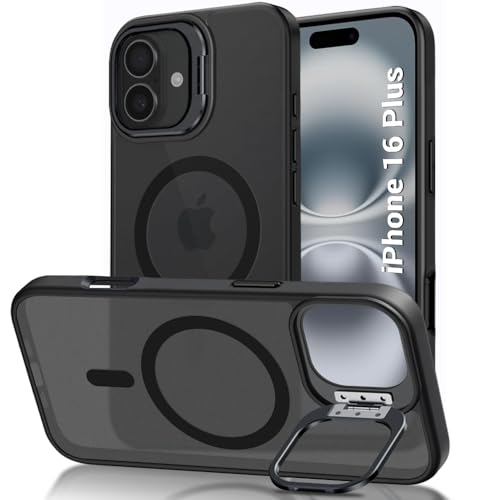 Image of TheGiftKart Hybrid Matte Frosted Back Cover Case for iPhone 16 Plus Compatible with MagSafe | Built-in Stand | Shockproof Hard Back Cover Case for iPhone 16 Plus (PC & TPU, Translucent Black)