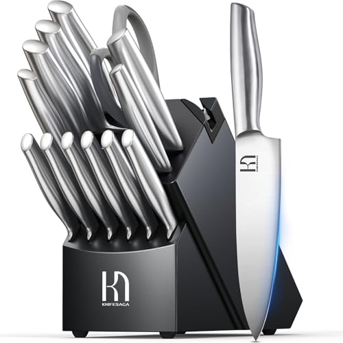 Comparison: Best Rated Kitchen Knives Set 9 KnifeSaga Knife Set Premium, Japanese 14 Pcs Kitchen Knife Block Set Enduring Razor Sharp High Carbon Stainless Steel, Black Chef Knives Set with Built-in Sharpener and Quality Acacia Wood Block