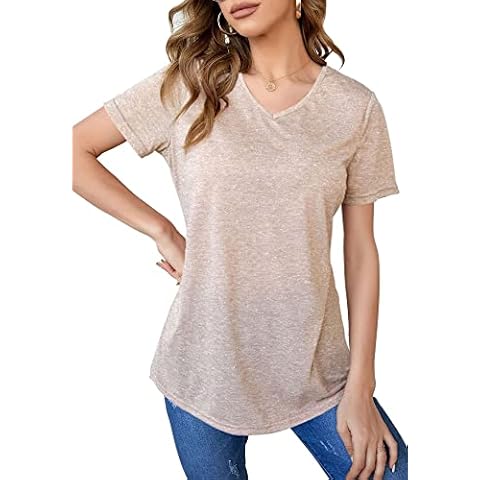 Womens Short Sleeve Summer V Neck Tops Plus Size Loose Casual Blouses and Basic Tee Fashion Trendy T-Shirts Taupe,Small Cover