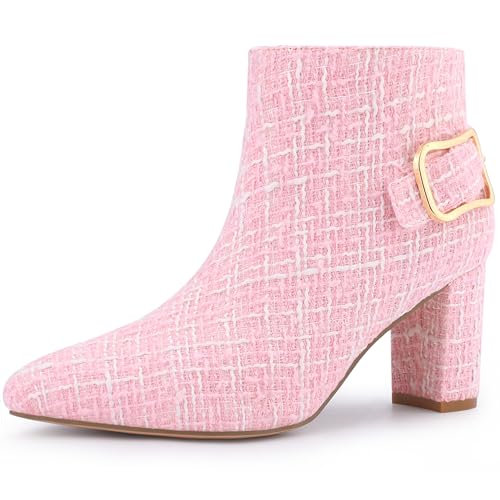Allegra K Women's Plaid Pointed Toe Chunky Heel Pink Ankle Boots 8 M US