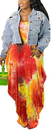 Image of BFFBABY Women's Casual Maxi Dress Sleeveless Tie Dye Spaghetti Strap Summer Plus Size Swing Sundress with Pockets