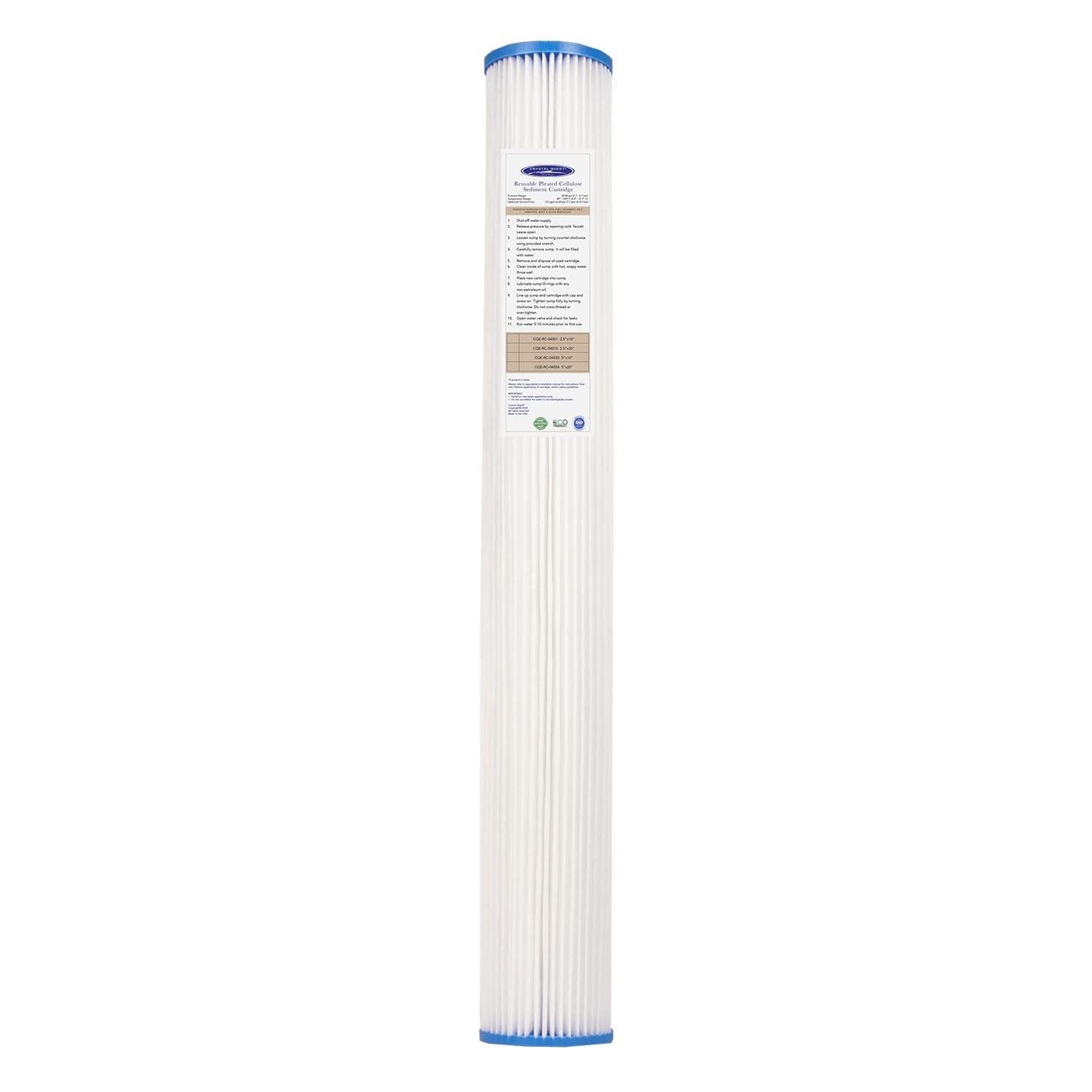 Crystal QuestPleated Cellulose Sediment Cartridge - 2-7/8” x 20” - 5 Micron Filtration - Durable & Long-Lasting - High Dirt-Holding Capacity - Fits Residential & Commercial Systems