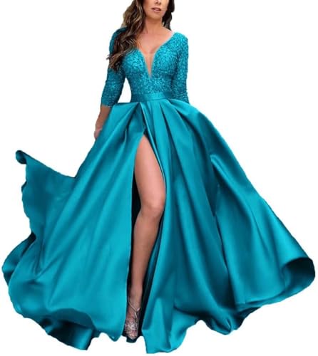 Yuxin Satin Prom Dresses Long 2024 V Neck 3/4 Sleeve A Line Ball Gown Pocket Lace Formal Dresses for Teens with Pocket Aqua Us18 Plus Size