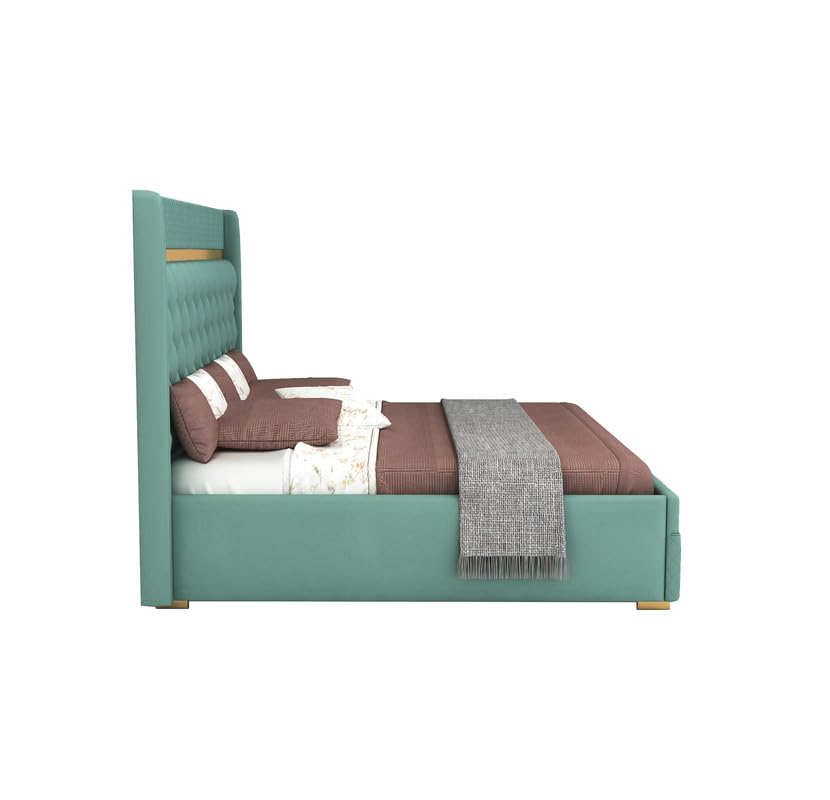 Image of MAMTA DECORATION Solid Wood King Size Bed with Box Storage | Premium Velvet Upholstered Tufted Headboard Palang Cot Bed | Modern Wooden Double Bed for Bedroom, Home, Hotel & Guest Room | Greendust