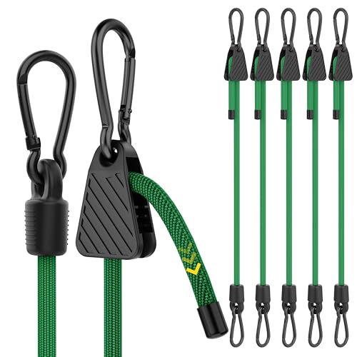 Image of Bungee Cords with Hooks, 48 Inch Adjustable Green Bungee Cords with Carabiner Heavy Duty Outdoor, 8mm Thick Easy to Adjust Bungee Rope UV Resistant for Truck Bed, Bike Rack, Trash Can, Moving, 6 Pack
