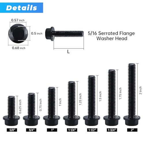 Image of Glvaner 5 /16-18 x 2 inch (10 pcs) Stainless Steel Serrated Flanged Hex Head Bolts Bolts, 18-8 (304) Stainless Steel, Full Thread, Black Coated