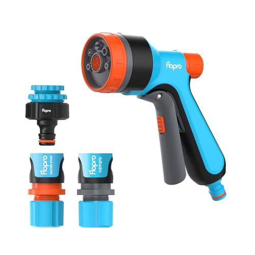 Flopro - Multi Spray hose gun with SUPERGRIP garden hose pipe connector set ø 12.5mm - 15mm (1/2"- 5/8") 1 x Outside Tap Connector, 1 x Hose Connector, 1 x Water Stop Connector. Fits all brands