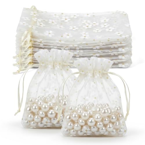 Yphzmtz Lot de 30 sachets en organza - 10 x 12 cm - Avec motif marguerites - Beige - Avec cordon de serrage - Pour mariage, bijoux, parfum et bonbons