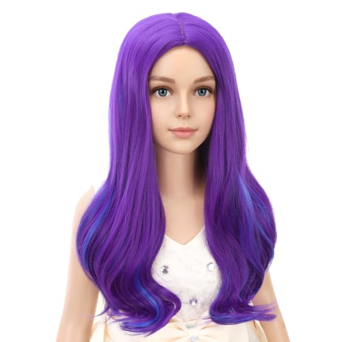 Image of PATTNIUM Blue Purple Wig Kids Wig Long Wavy Wig Child Size Heat Resistant Synthetic Hair Wigs Girls Cosplay Costume Wigs (Blue Purple)