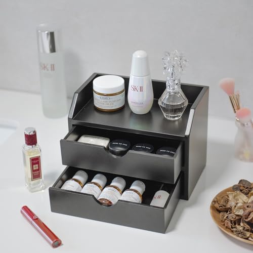 ROSE BLOOM Black Wood Desk Organizer with 2 Drawer, Mini Cute Cabinet with Storage Shelf for Tabletop, Small Desktop Box Organizer for Cosmetic Office Supplies by ROSE BLOOM - Image 7