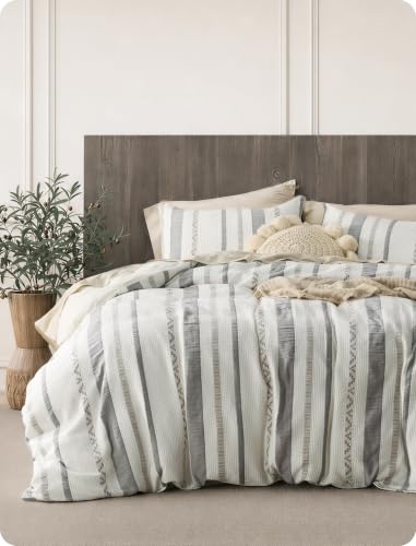 Image of Bedsure Waffle Weave Duvet Cover King - 100% Cotton Boho Duvet Cover with 2 Pillowcases - Cream White PureWoven Textured Comforter Cover with Zipper Closure (King, 104 inchx90 inch)