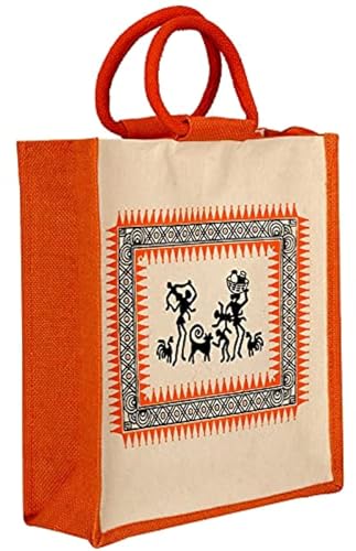 Image of Eco-Friendly Jute Bag | Printed Tiffin /Shopping /Reusable Hand Bag | With Zipper Pocket & Handle | For Men and Women (Orange)