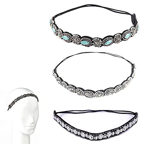 Strass Haarbänder, 3 Stück Kristall Strass Kopfkette, Elastisches Haarband, Vintage Elastisches Haarband, Böhmen Kristall Haarreife, Geeignet für Haarschmuck für Damen und Mädchen Cover
