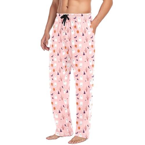 Cute Halloween Pumpkin Ghost Pink Men's Pajama Pants Cotton Sleep Bottoms with Drawstring A23044393