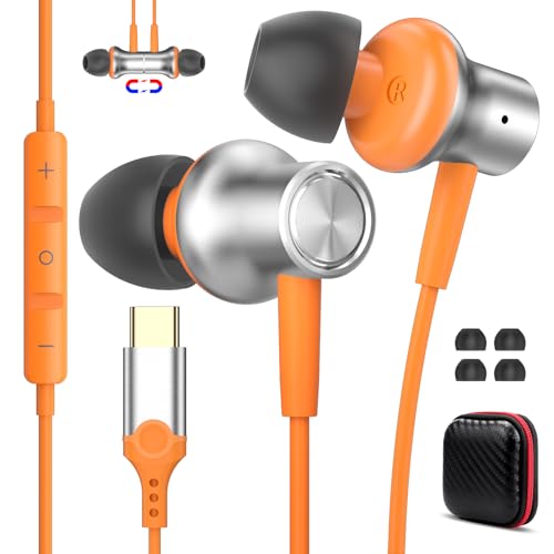 Écouteurs filaires de type C orange compatibles avec iPhone 16 Plus et iPad 10