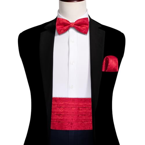 Image of YOHOWA Men Cummerbund Bow Tie Set Silk Paisley Formal Pre-Tied Bowtie Pocket Square Cufflinks Wedding Party Prom