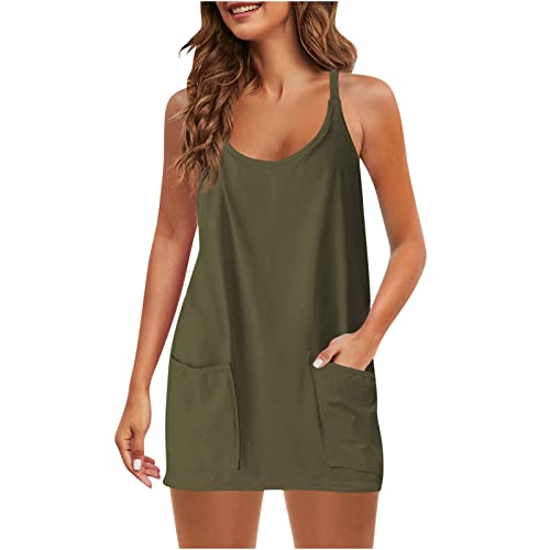 Plus Size Mini Dress Summer Tennis Dress V Neck Short Sundress Workout Dresses Athletic Dress With Built In Shorts Army Green #TOP24