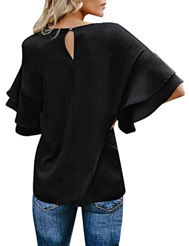 Luvamia LV-2E-WT-1786_B-XL Women'S Black Casual 3/4 Tiered Bell Sleeve Crewneck Loose Tops Blouses Shirt Size Xl thumb #2
