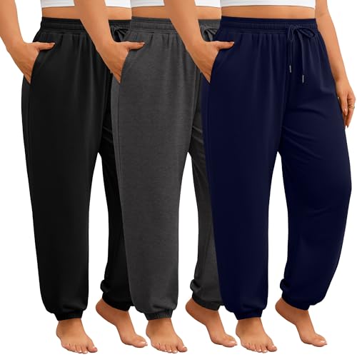 3 Pack Women's Plus Size Sweatpants, Drawstring Loose Fit Joggers Pants Comfy Casual Athletic Pants with Pockets