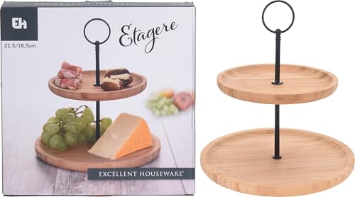 Etagere mit 2 Ebenen, Ø 21,5 cm, Bambus Servierplatte Servierständer Servieretagere für Kuchen 2 Etagen