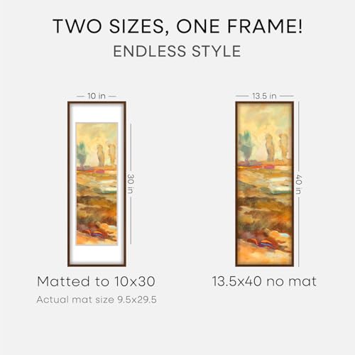 Image of Homeforia 13.5x40 Picture Frame Brown, High End Dark Oak 13.5by40 Walnut Wood Poster Frame with Mat 10x30, 13.5 x 40 Panoramic Wooden Frames Matted to 10 x 30 Print, Tempered Glass, Wall Kit, Set of 2