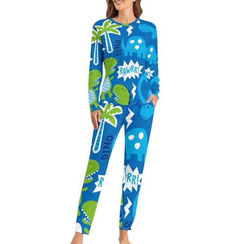Pyjama Femme Dinosaure Vert Chaud et Fluide contre les Nuits Fraîches