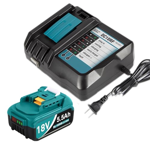 DC18RF Ladegerät mit 5.5Ah Ersatzakku Kompatibel mit Makita Akku und Ladegerät, 18V ErsatzAkkus BL1860B BL1850B BL1860 BL1850 BL1840