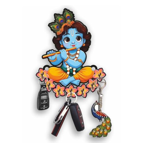 Image of CAPIO ART Wooden Premium Krishna Key Hanger with Peacock Feather Design | Bal Krishna Wall Decor with 7 Hooks | Key Organizer for Living Room, Temple, Office & Home Entrance | Spiritual Gift Item