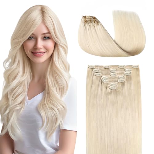 Image of COOKAYU Real Human Hair Clip in Hair Extensions, Remy Hair Clip in Hair Extensions, Platinum Blonde Hair Thick Silky Straight Real Human Hair, 14inch 120g 7Pcs