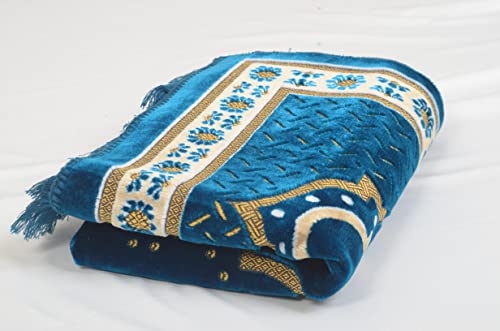 Tb Muslim Prayer Rug Thick, Islamic, Soft Velvet Mat Ramadan Gift, With Prayer Bead Unique Decoration Gilded Gold-Like Embroidered For Women Man Kids Meditation Turkish African (Blue) #TOP7