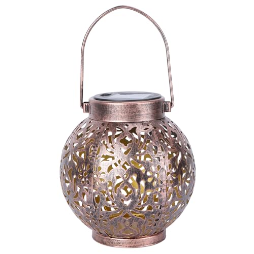 NOLITOY Linterna Solar Ovalada de Hierro con LED Diseño Hueco para Colgar o Mesa Luz Exterior para Jardín Patio y Césped Color Marrón